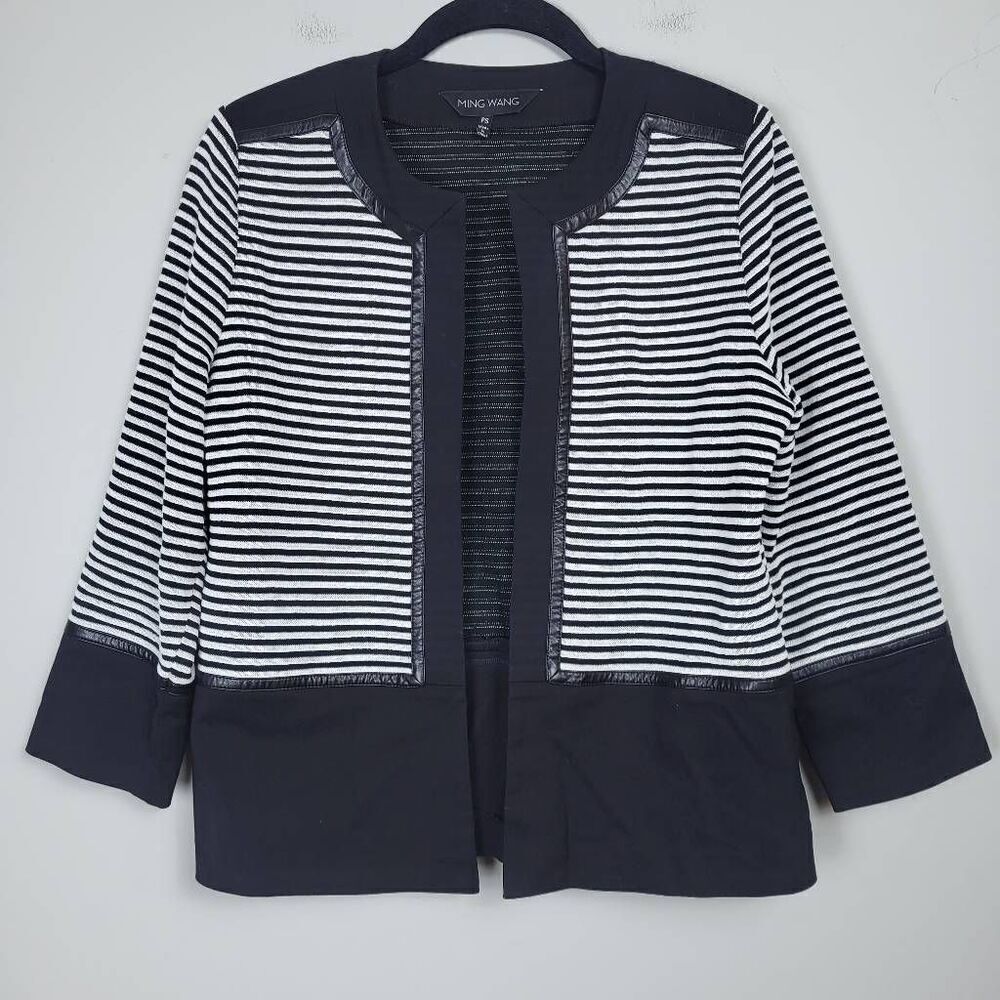 Ming Wang Womens Open Front Cardigan Size S Petite Black Striped Career Office